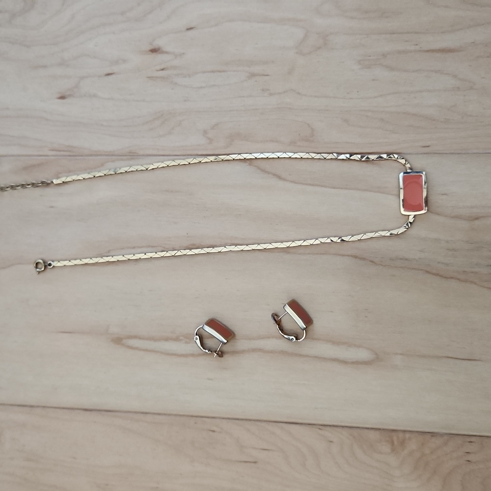 Gold Christisn Dior necklace and earring set orange enamel square vintage 1970s